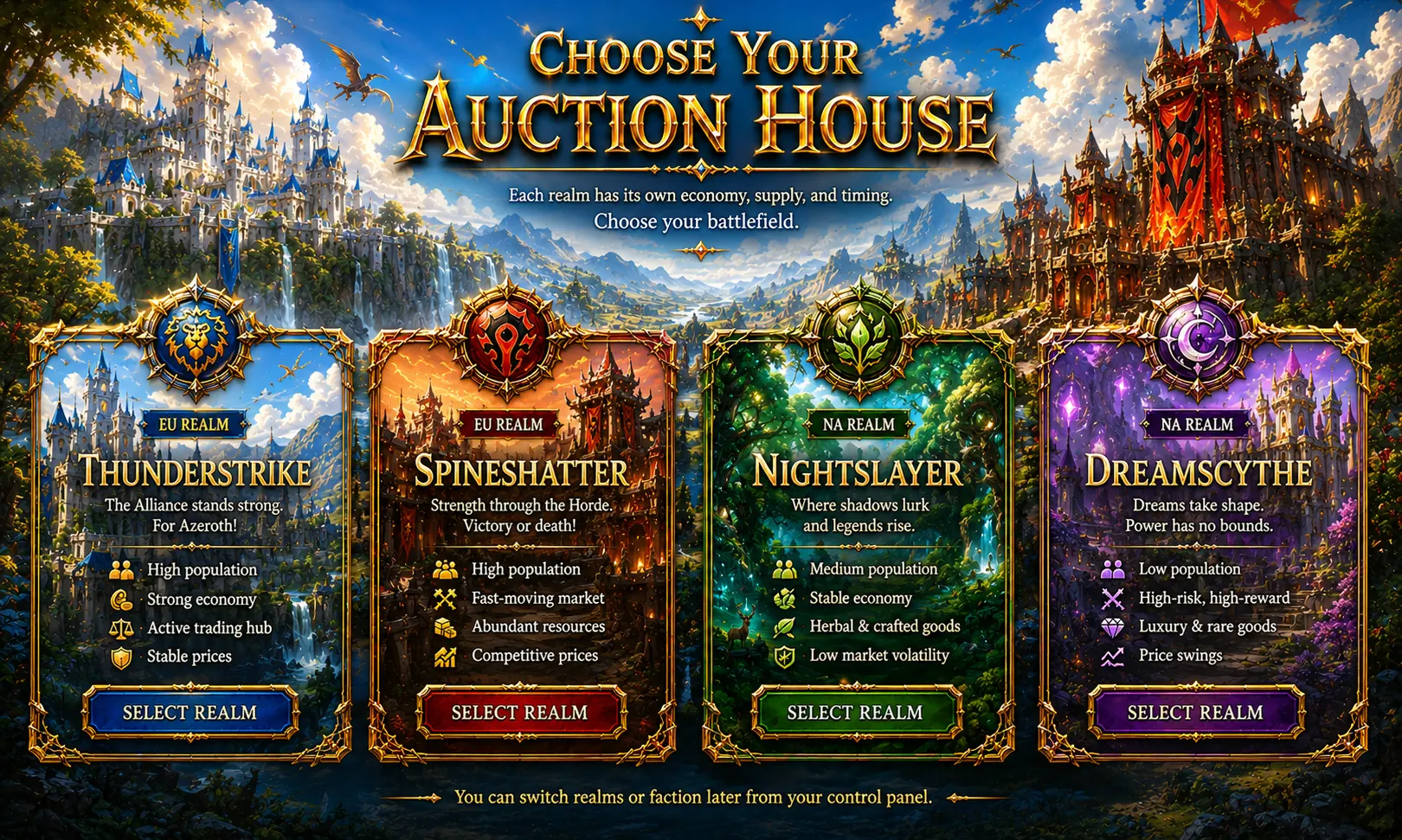 Choose your auction house: Thunderstrike, Spineshatter, Nightslayer, and Dreamscythe